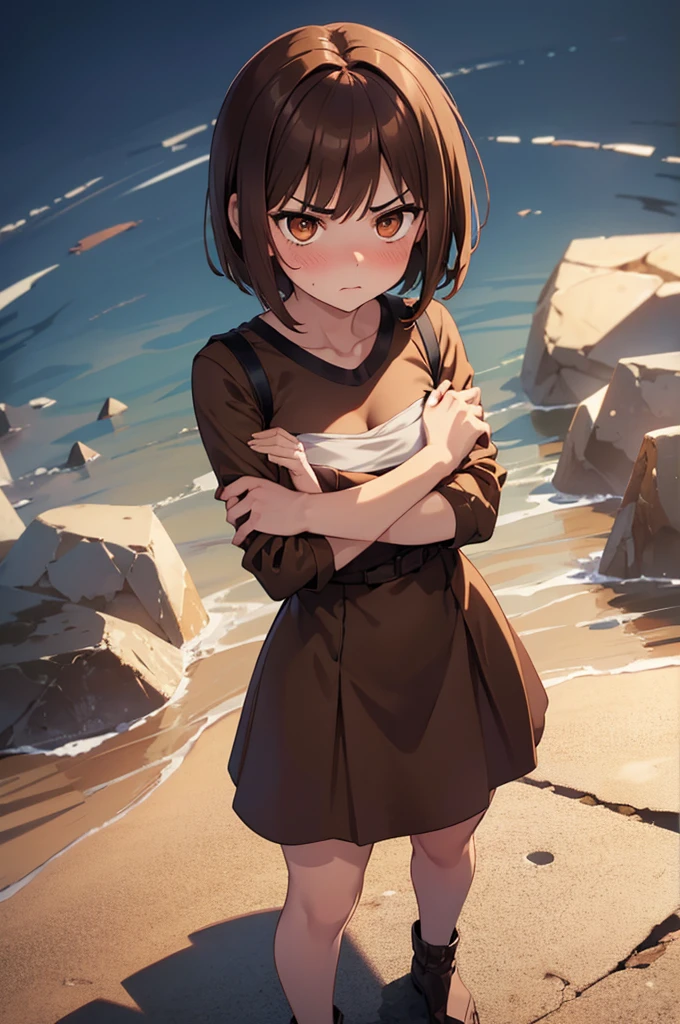 NSFW, 1Woman, ((best quality)), ((masterpiece)), (detailed), beautiful face, (((angry expression))), (defiance512:1.2), (((short hairstyle))), (((brown dress outfit))), (((plain sky background))), big brown eyes, ((blush cheeks)), evil grin dominant expression, (((standing arms crossed pose))), (((brown hair colour))), (((bright glowing hypnotic brown eyes))), (((skinny figure))), intense seductive gaze, contrasting soft skin, (lighting:1.2), 4:3 aspect ratio, full body, medium-size concealed