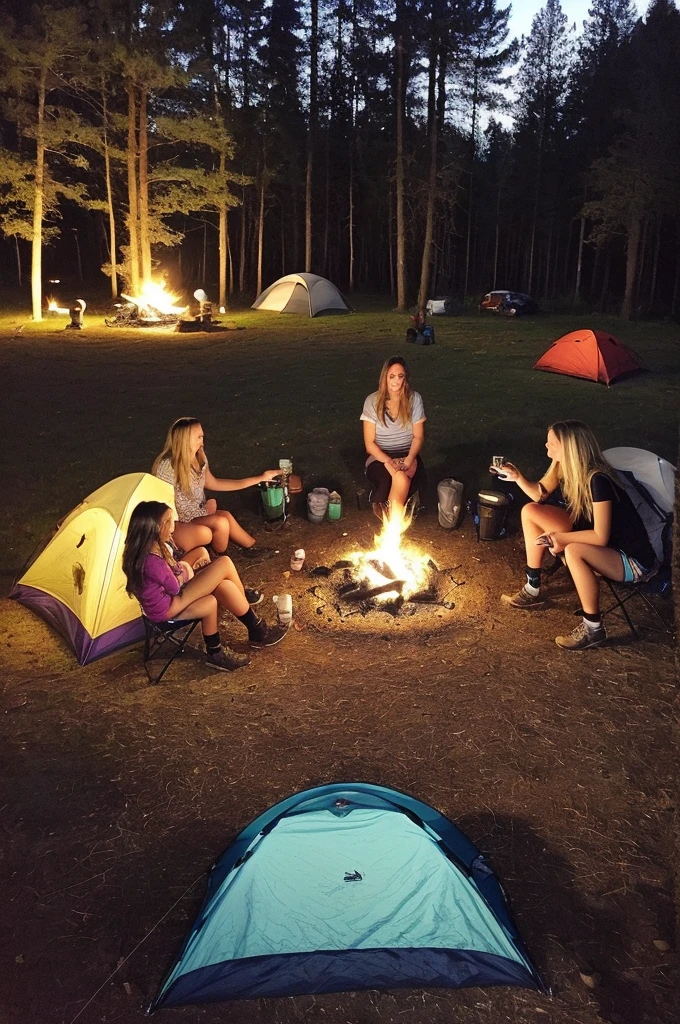 Picture taken with an iPhone. Camping area. Wearing only underwear. Two girls together. One girl is blonde and the other girl is brunette. Around one fire. It’s almost nighttime