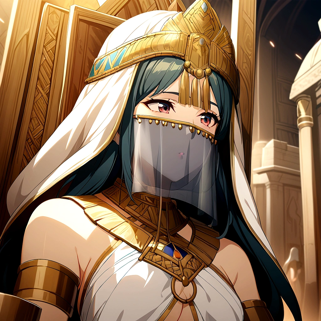 1girl, ancient civilization clothes, white glove, mouth veil, throne background, game cg