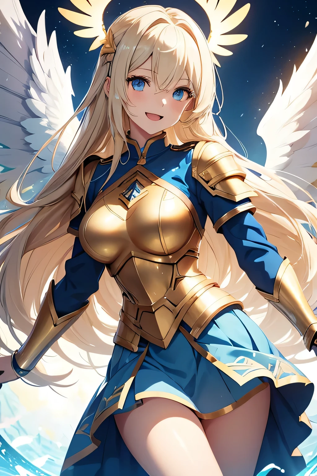 woman, 18 years old, long blonde hair, light blue eyes. Golden and blue armor, skirt, wings and angel halo, energetic open mouth smile.