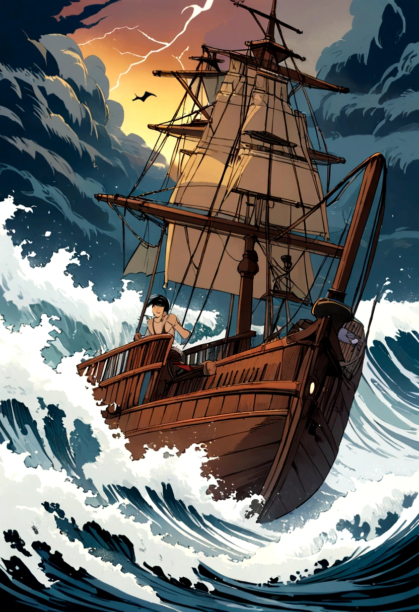 A ship caught in a raging storm, waves crashing over the deck, lightning illuminating the terrified faces of the passengers.　GHIBLI STYLE --ar 9:16