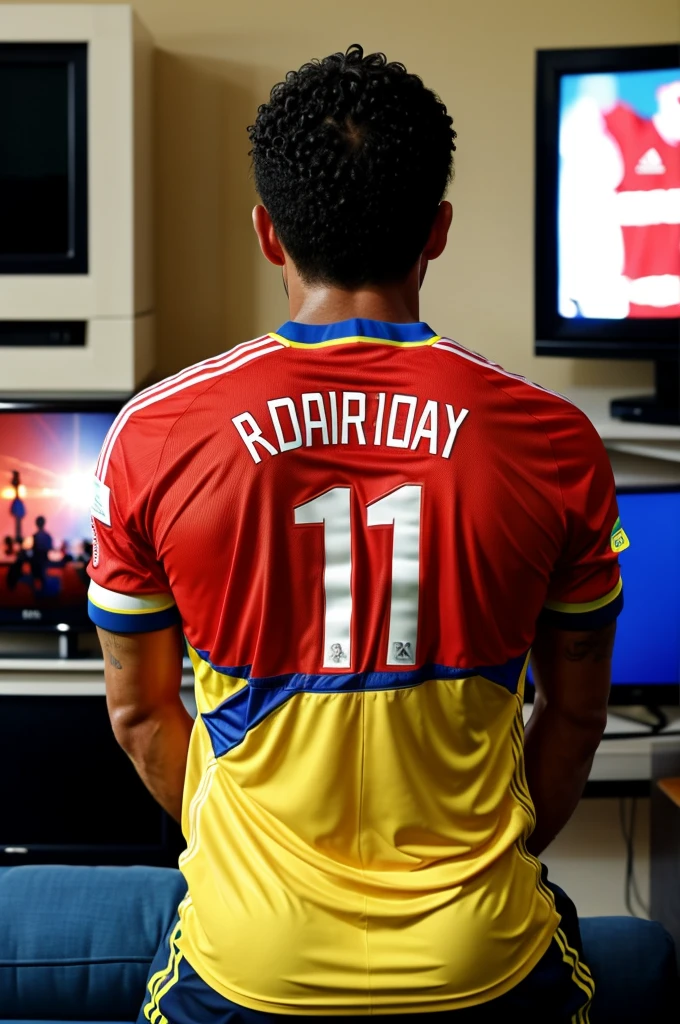 Man in front of the television watching a Colombia national team match with his back turned and you can see his name on his back Fredy