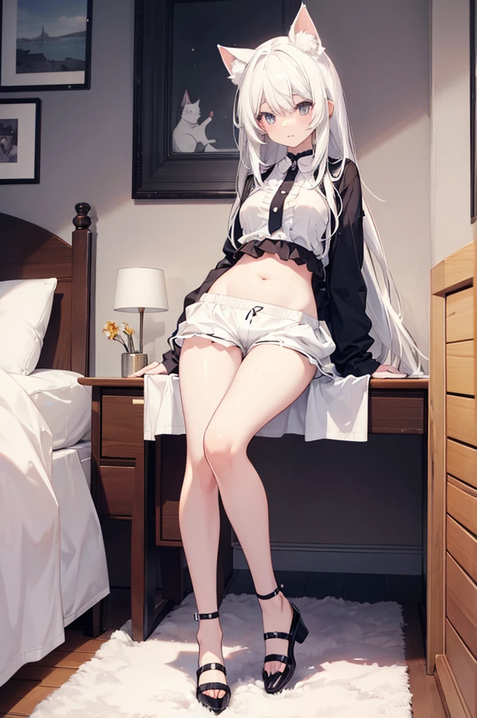 Cute gray hair loli，Lolita and dressed in white silk，Sitting at the bedside，Shy smile, (((Spread legs))), Pink panties are visible,(((White knee socks))),