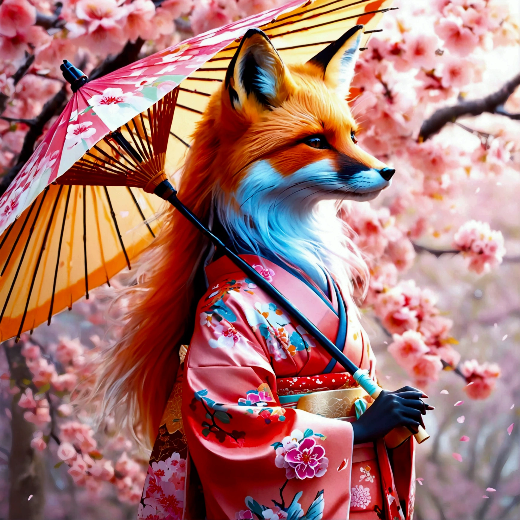 Illustration of a fox girl wearing traditional Japanese kimono, With detailed floral patterns and bright colors. She is long, The flowing hair is dotted with delicate cherry blossoms, She held a decorative paper parasol, Standing elegantly against the backdrop of a tranquil cherry blossom garden