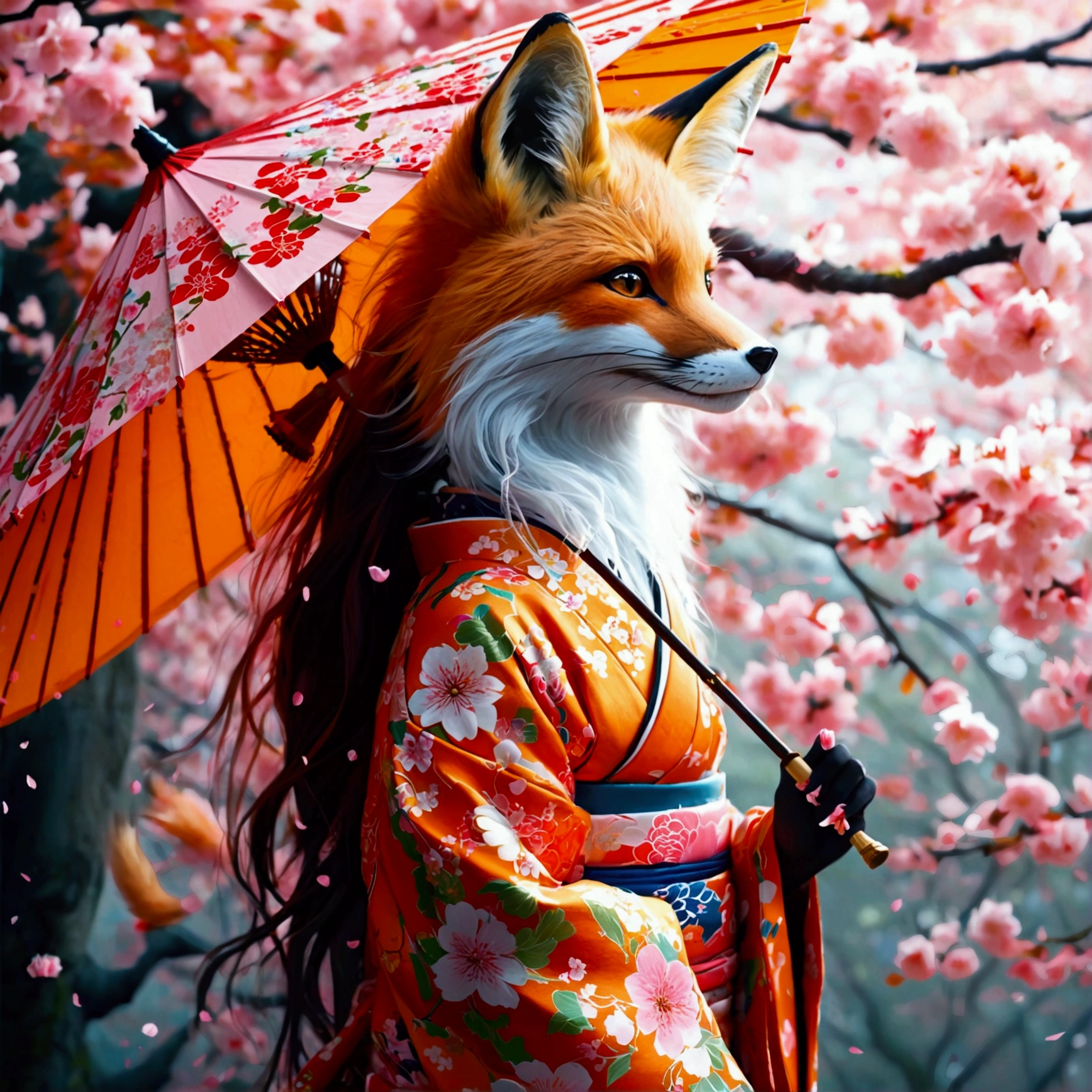 Illustration of a fox girl wearing traditional Japanese kimono, With detailed floral patterns and bright colors. She is long, The flowing hair is dotted with delicate cherry blossoms, She held a decorative paper parasol, Standing elegantly against the backdrop of a tranquil cherry blossom garden
