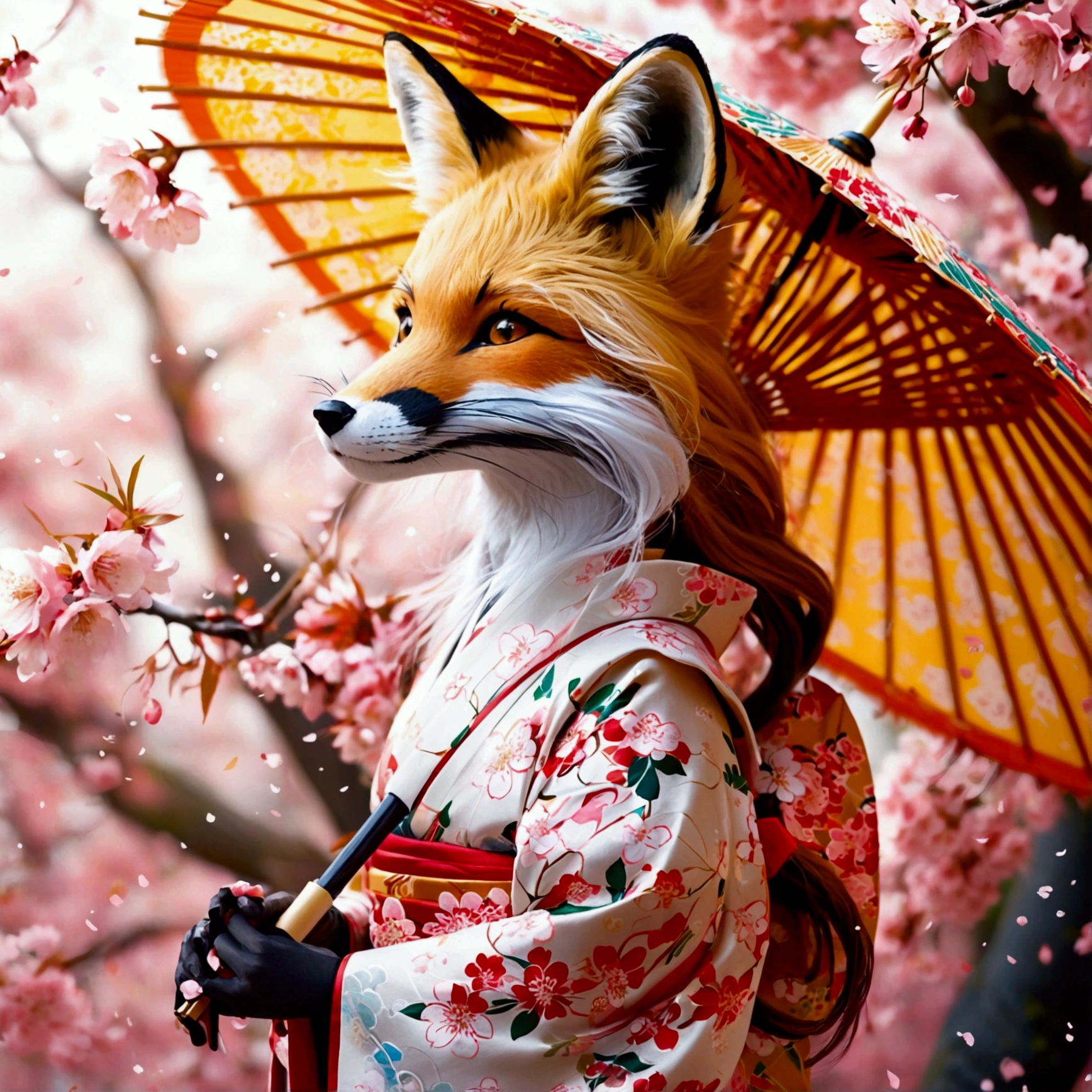 Illustration of a fox girl wearing traditional Japanese kimono, With detailed floral patterns and bright colors. She is long, The flowing hair is dotted with delicate cherry blossoms, She held a decorative paper parasol, Standing elegantly against the backdrop of a tranquil cherry blossom garden
