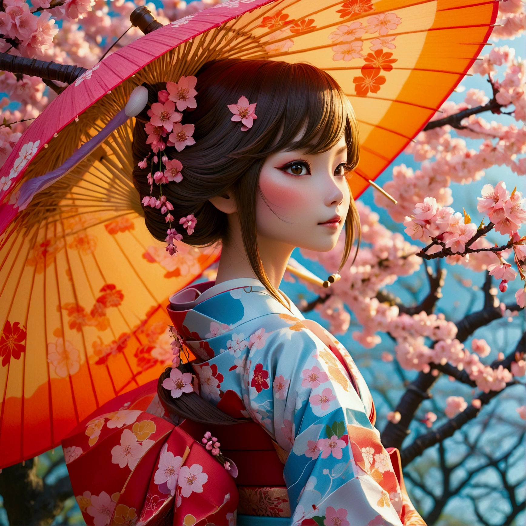 Illustration of a fox girl wearing traditional Japanese kimono, With detailed floral patterns and bright colors. She is long, The flowing hair is dotted with delicate cherry blossoms, She held a decorative paper parasol, Standing elegantly against the backdrop of a tranquil cherry blossom garden
