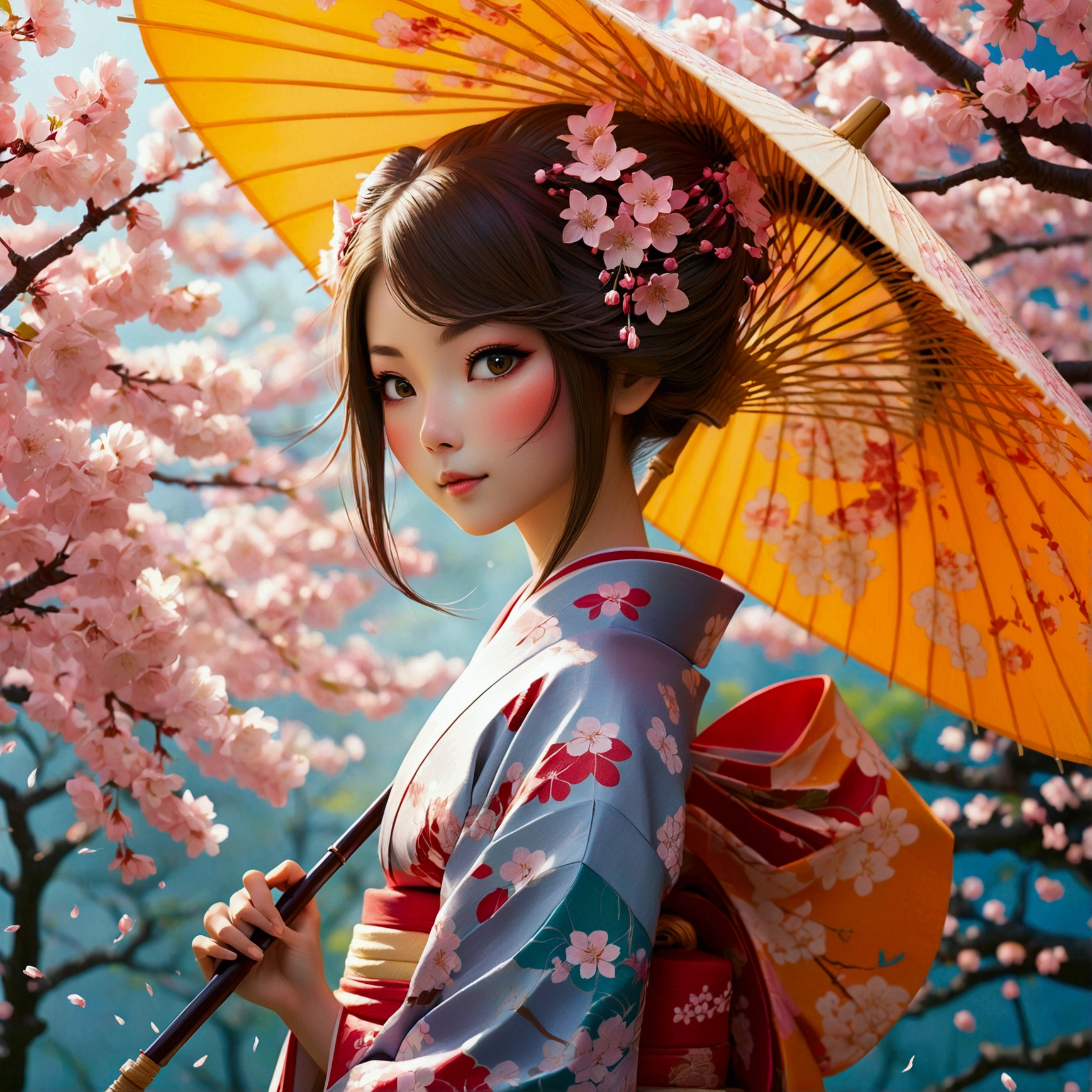 Illustration of a fox girl wearing traditional Japanese kimono, With detailed floral patterns and bright colors. She is long, The flowing hair is dotted with delicate cherry blossoms, She held a decorative paper parasol, Standing elegantly against the backdrop of a tranquil cherry blossom garden
