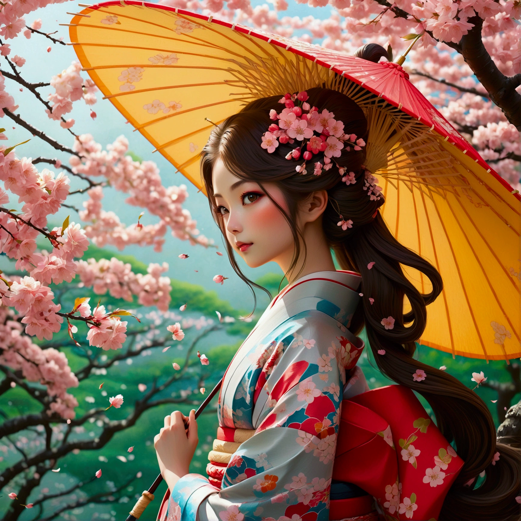 Illustration of a fox girl wearing traditional Japanese kimono, With detailed floral patterns and bright colors. She is long, The flowing hair is dotted with delicate cherry blossoms, She held a decorative paper parasol, Standing elegantly against the backdrop of a tranquil cherry blossom garden