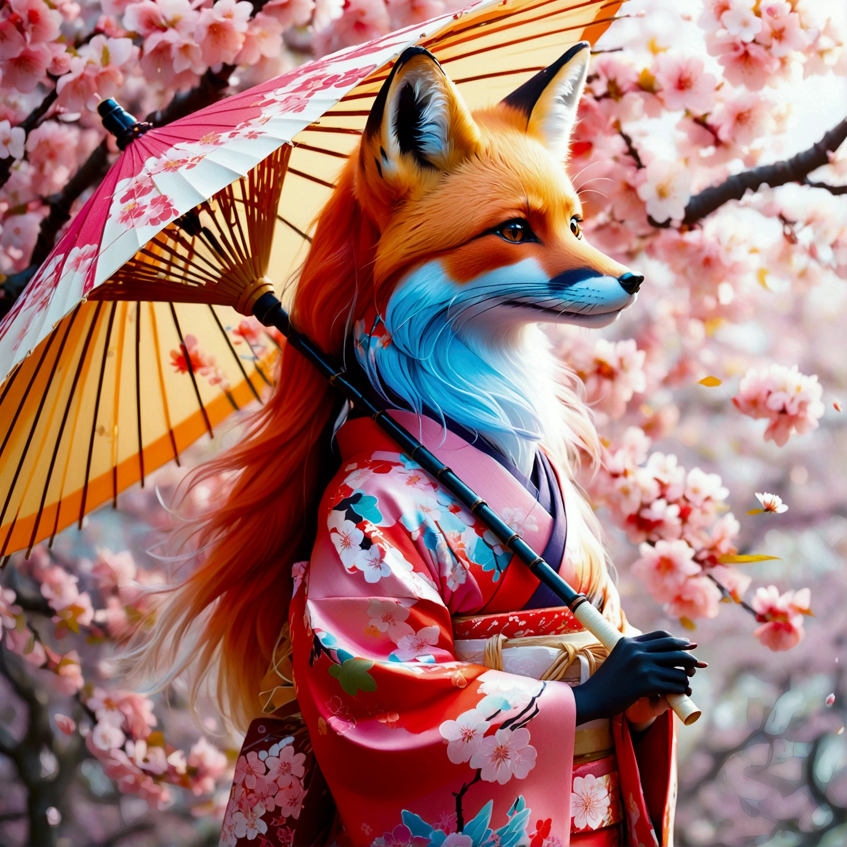 Illustration of a fox girl wearing traditional Japanese kimono, With detailed floral patterns and bright colors. She is long, The flowing hair is dotted with delicate cherry blossoms, She held a decorative paper parasol, Standing elegantly against the backdrop of a tranquil cherry blossom garden