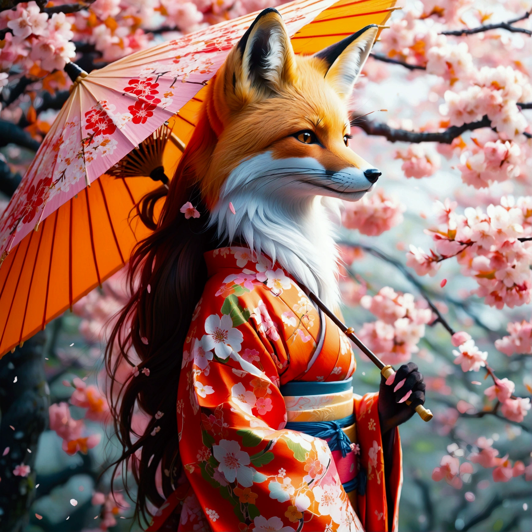 Illustration of a fox girl wearing traditional Japanese kimono, With detailed floral patterns and bright colors. She is long, The flowing hair is dotted with delicate cherry blossoms, She held a decorative paper parasol, Standing elegantly against the backdrop of a tranquil cherry blossom garden