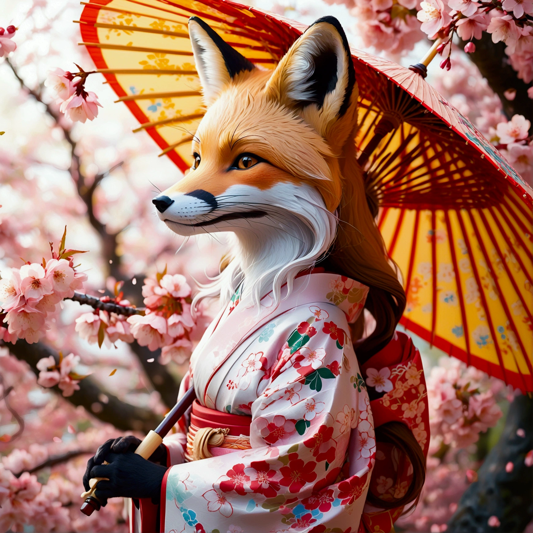 Illustration of a fox girl wearing traditional Japanese kimono, With detailed floral patterns and bright colors. She is long, The flowing hair is dotted with delicate cherry blossoms, She held a decorative paper parasol, Standing elegantly against the backdrop of a tranquil cherry blossom garden