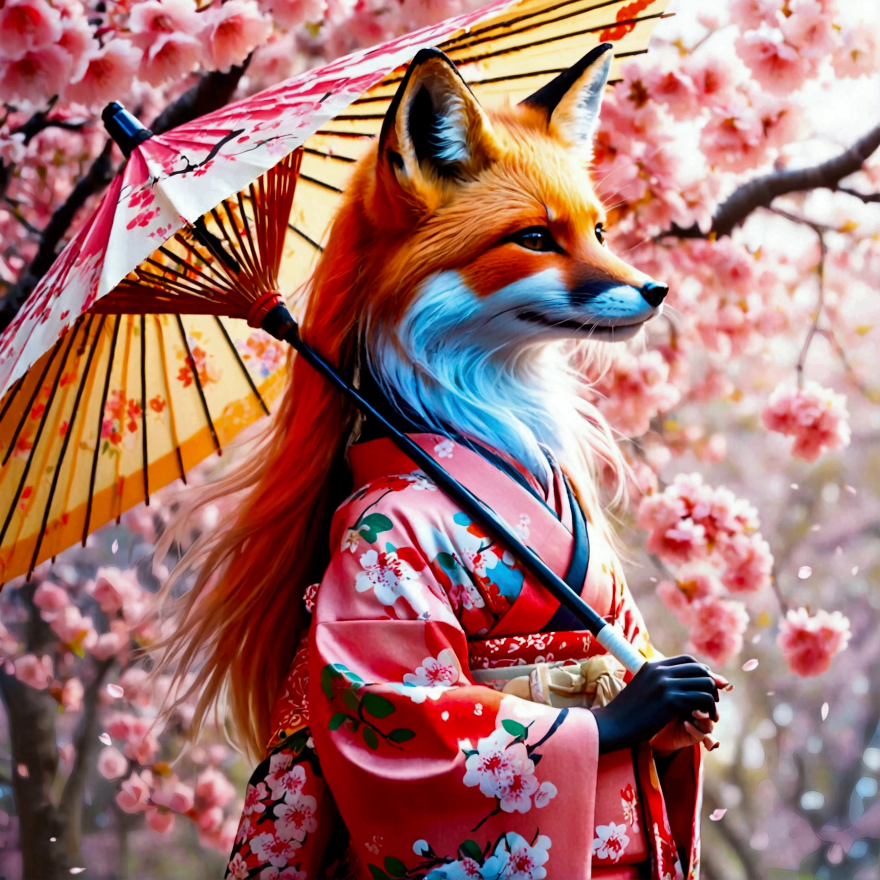 Illustration of a fox girl wearing traditional Japanese kimono, With detailed floral patterns and bright colors. She is long, The flowing hair is dotted with delicate cherry blossoms, She held a decorative paper parasol, Standing elegantly against the backdrop of a tranquil cherry blossom garden