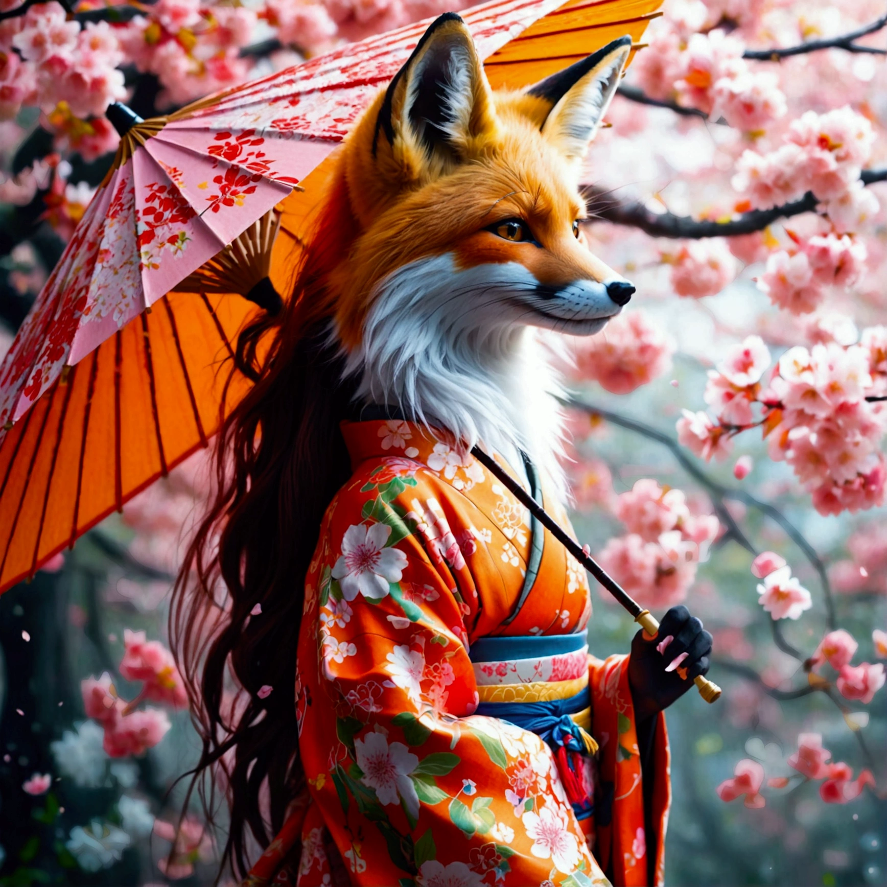 Illustration of a fox girl wearing traditional Japanese kimono, With detailed floral patterns and bright colors. She is long, The flowing hair is dotted with delicate cherry blossoms, She held a decorative paper parasol, Standing elegantly against the backdrop of a tranquil cherry blossom garden