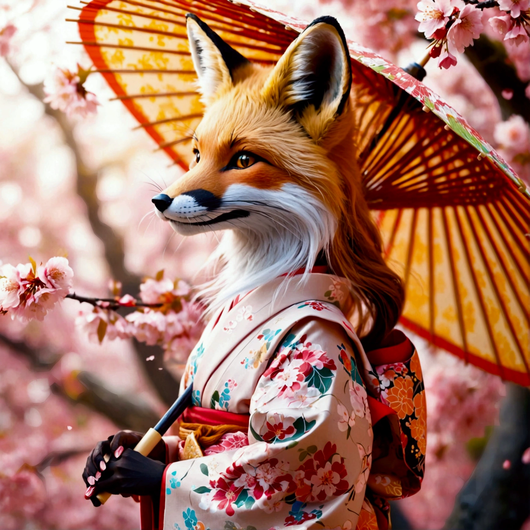 Illustration of a fox girl wearing traditional Japanese kimono, With detailed floral patterns and bright colors. She is long, The flowing hair is dotted with delicate cherry blossoms, She held a decorative paper parasol, Standing elegantly against the backdrop of a tranquil cherry blossom garden