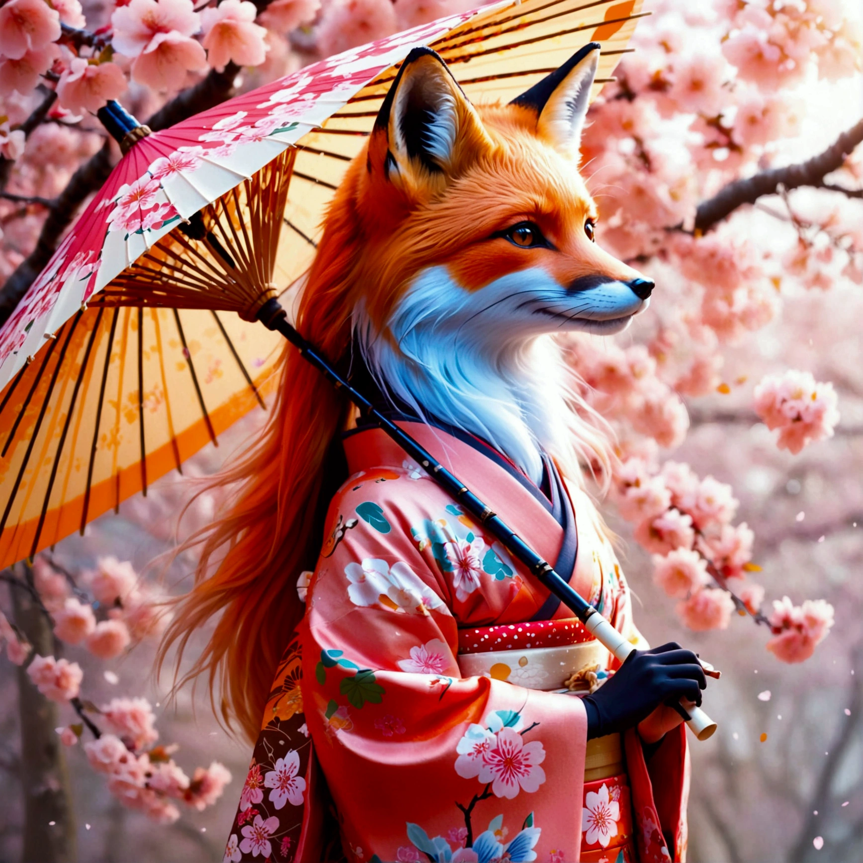Illustration of a fox girl wearing traditional Japanese kimono, With detailed floral patterns and bright colors. She is long, The flowing hair is dotted with delicate cherry blossoms, She held a decorative paper parasol, Standing elegantly against the backdrop of a tranquil cherry blossom garden