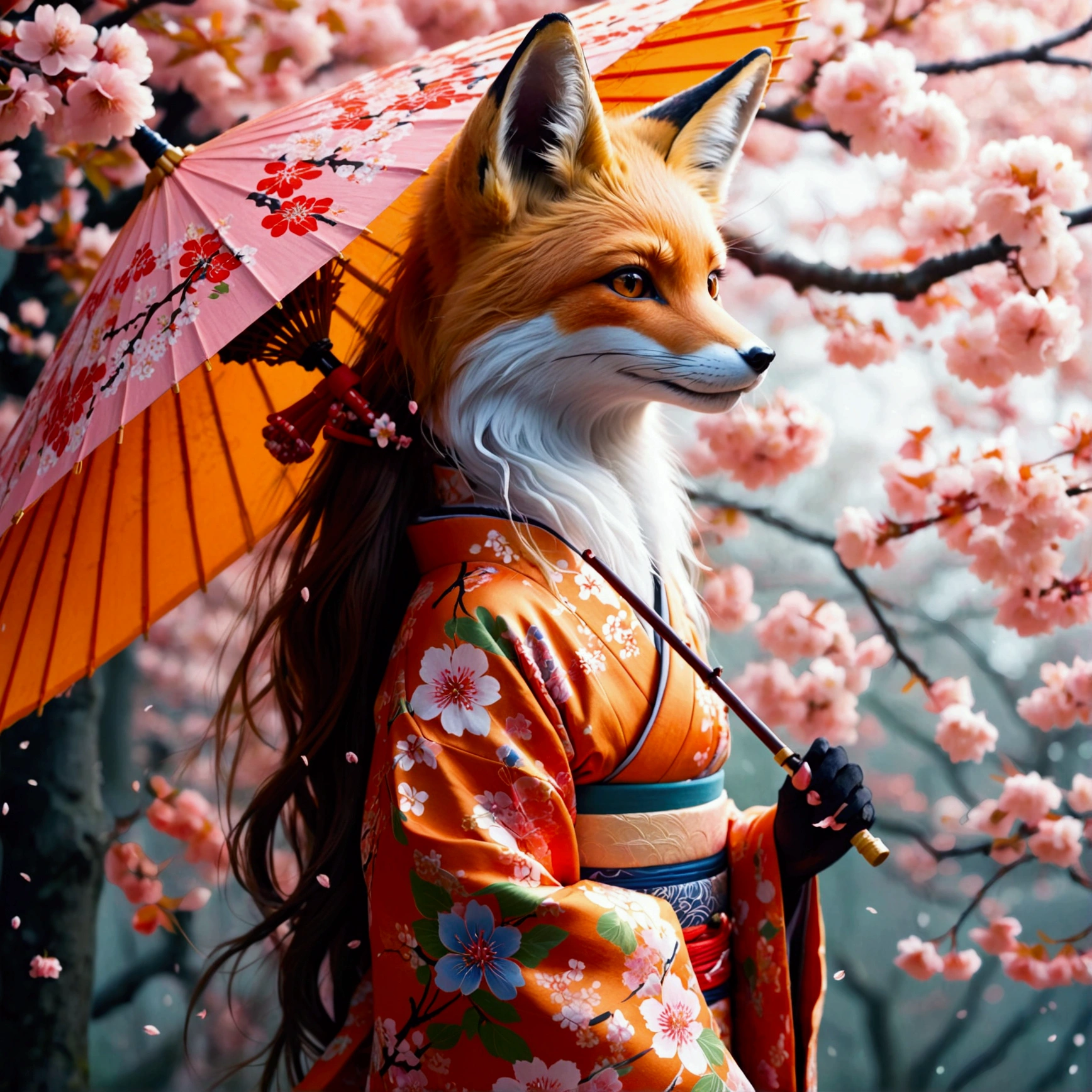 Illustration of a fox girl wearing traditional Japanese kimono, With detailed floral patterns and bright colors. She is long, The flowing hair is dotted with delicate cherry blossoms, She held a decorative paper parasol, Standing elegantly against the backdrop of a tranquil cherry blossom garden