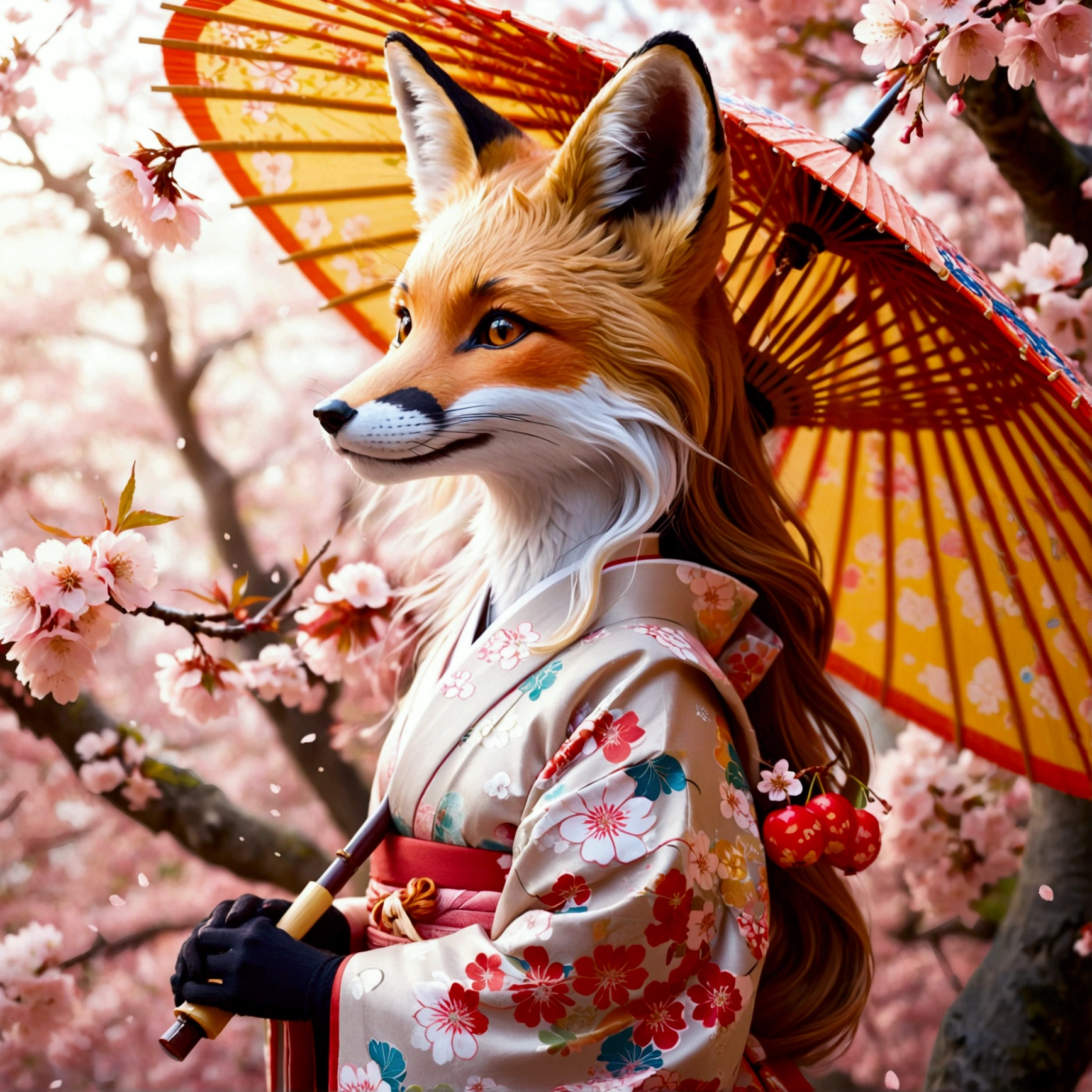 Illustration of a fox girl wearing traditional Japanese kimono, With detailed floral patterns and bright colors. She is long, The flowing hair is dotted with delicate cherry blossoms, She held a decorative paper parasol, Standing elegantly against the backdrop of a tranquil cherry blossom garden