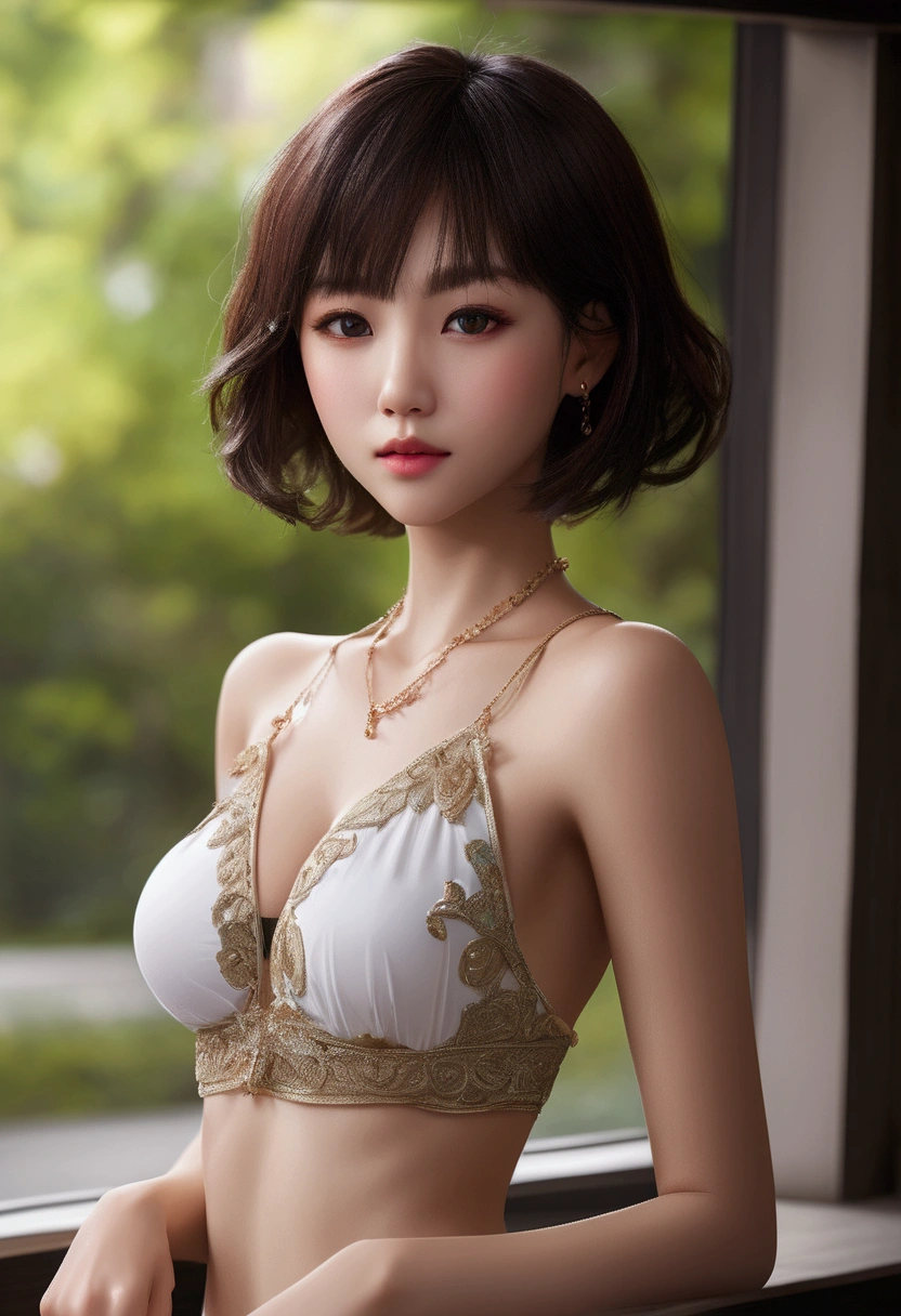 ((top-quality、8K、masterpiece: 1.erfect Body Beauty: 1.4、Slender Abs: 1.2、Beautiful woman with slender abs:1.3、(Highlight Haircutreast B Cup:1.2), medium breast, round shape breast, perfect shape breast, (( sexy , ((white shirt open)), black bra )), necklace, hyperdetailed face、18year old、 Pretty women、(Dark brown short-cut hair), Slim Face、Highly detailed facial and skin texture、very detailed lips、opens legs、top-quality、masterpiece、超A high resolution、(Photorealsitic:1.4), walked forward confidently, long shot , studio setup, photography steup, light from both side, background,