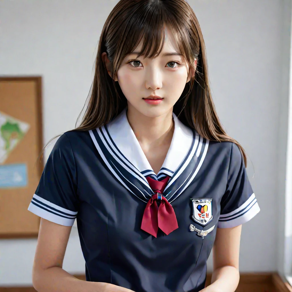 (masterpiece, best quality:1.2), 1girl, solo, korean girl, school uniform, ultra detailed, ultra realistic, highest quality, highly detailed, realistic, photo realistic, raw photo, beautiful, medium breasts