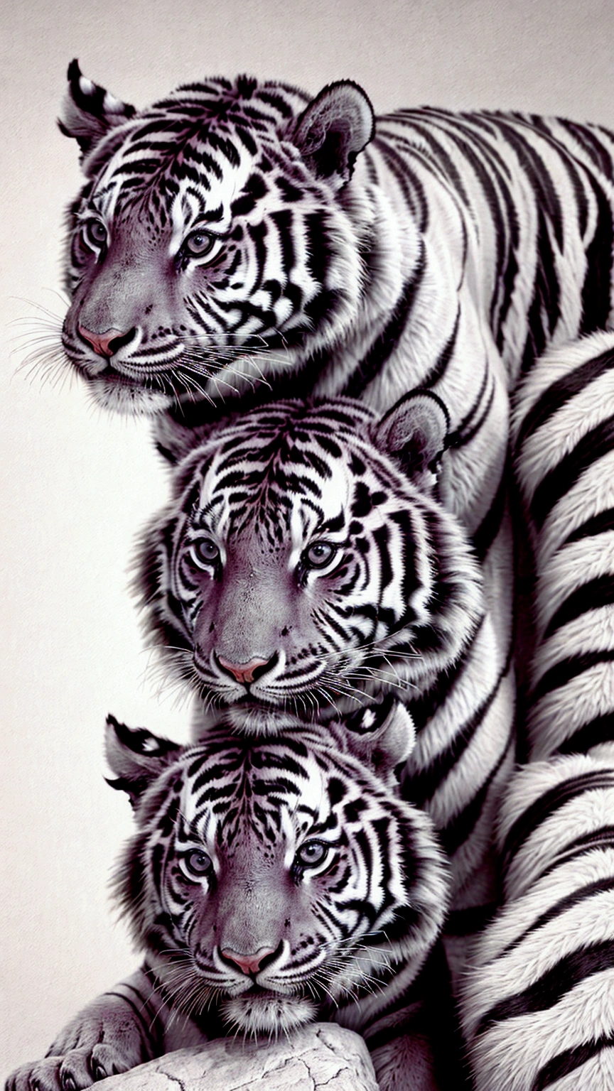 a close up of a tiger and a baby tiger on a white background, a detailed drawing by Jennifer Janesko, pexels, photorealism, tigers, detailed beautiful animals, realistic black and white, ”ultra realistic, .highly realistic, extremely realistic, ultra realistic!!!, photorealistic print of exotic, beautiful and realistic, ultra realistic picture, highly realistic