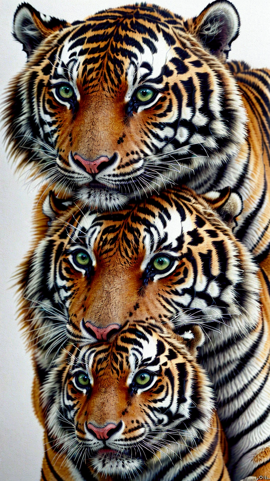 a close up of a tiger and a tiger on a white background, a detailed drawing by Jennifer Janesko, pexels, photorealism, tigers, detailed beautiful animals, realistic black and white, ”ultra realistic, .highly realistic, extremely realistic, ultra realistic!!!, photorealistic print of exotic, beautiful and realistic, ultra realistic picture, highly realistic