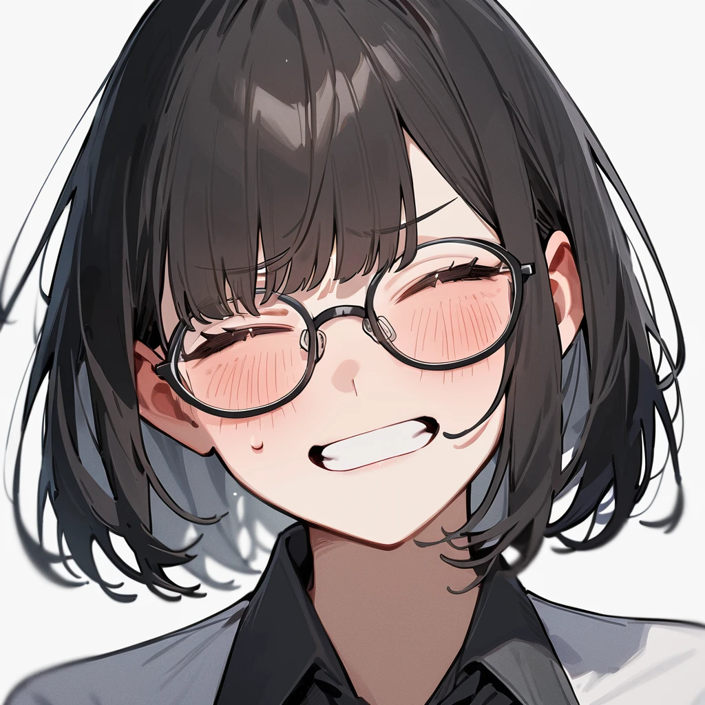 masterpiece, Highest quality, so beautiful, Absurd,
One girl, alone, Black Hair, Bobcut,
Thermont 16A, Glasses,
Collared shirt, Happy,Painful expression、Frowning、View your viewers, Glassesの調整, White Background, Simple Background,