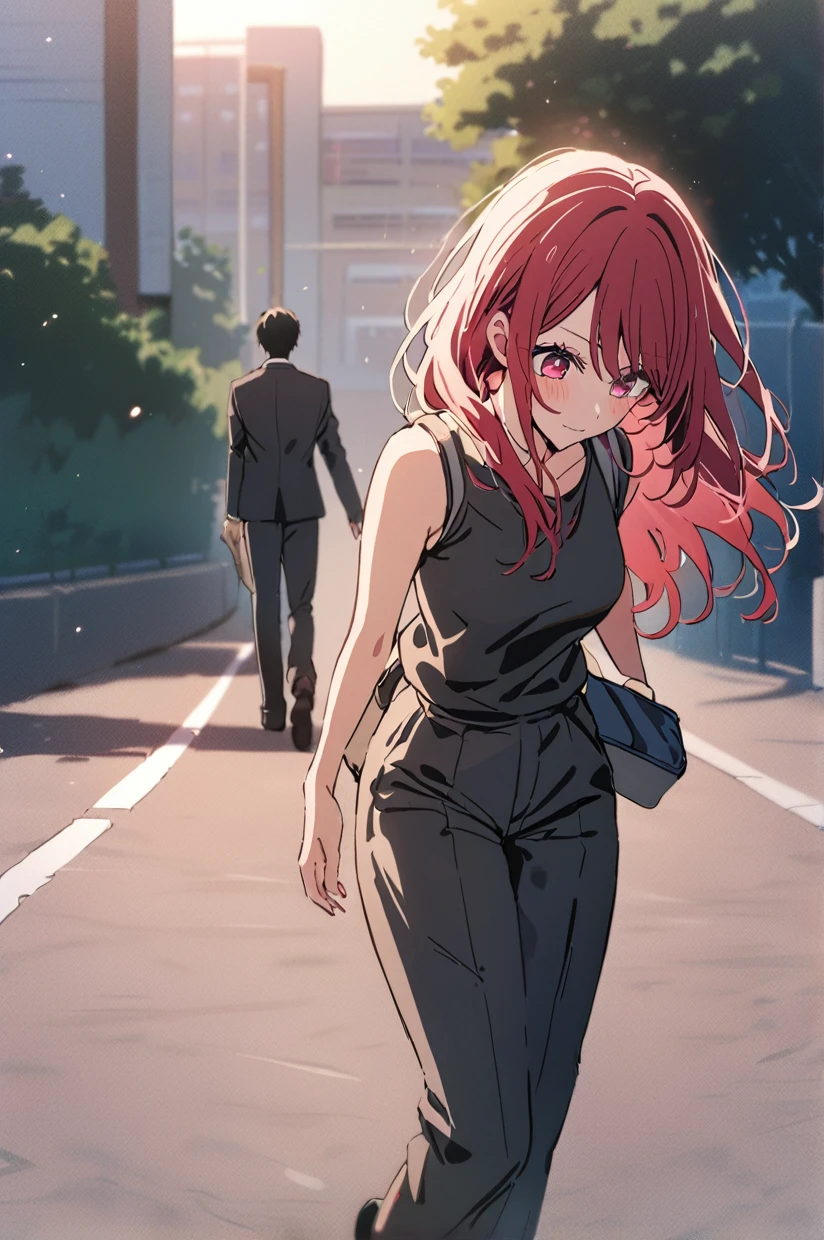 masterpiece, Highest quality, oshi no ko, One girl, He cultivated four (oshi no ko), Wearing a sleeveless top and a school bag, One boy, Hoshino Aquamarine wears a black suit, walk on the road at dawn