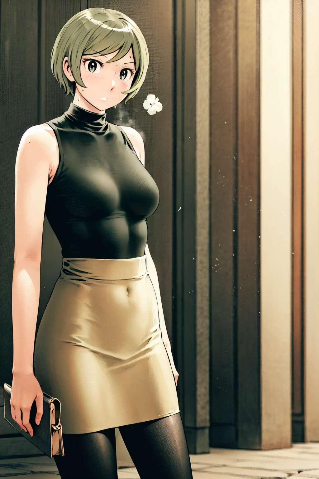 、(masterpiece、Highest quality)、Highest quality, Ultra-high resolution, (((masterpiece))), alone, Sweat、Big eyes, Sleeveless、Outdoor、Floral Dress、turtleneck、Tight clothing、skirt、Composition from the front、（後ろCut your hair short、short hair、blonde、woman）、Shortcuts、Embarrassed face、Cut your hair short、可愛いwomanの子、Big Breasts