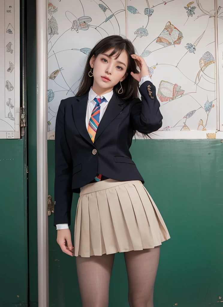 beautiful and delicate girl, very detailed eyes and face, beautiful detailed eyes, huge file size, very detailed, high resolution, very detailed, best quality, masterpiece, (((school classroom)), (((simple blazer))), (((pleated skirt))), (((The skirt and tie pattern are check patterns....:1.3))), very detailed, CG, 8K wallpapers, amazing, fine details, masterpiece, ((best quality)), very detailed CG uniform 8K wallpapers, my face shines, cinematic lighting, 1 woman, years ol(((dynamic pose))), (camel toe), (half), ((pantyhose)), ((Sit with your knees bent and your legs crossed..)), ((whole body)), ((((Lift up your skirt and expose your panties.....:1.4)))),