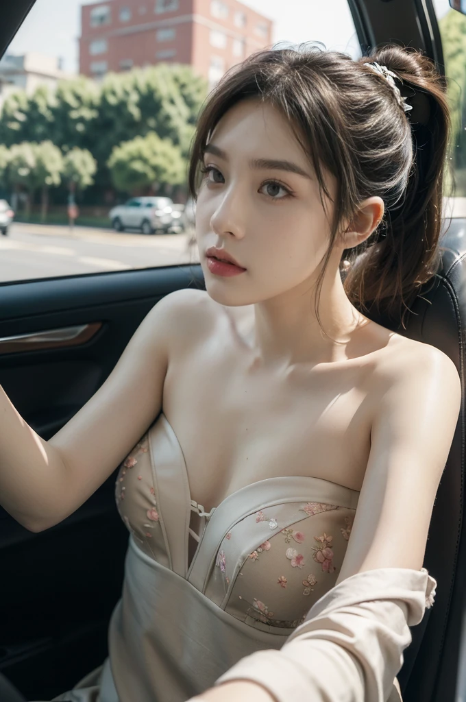 (((best quality))),(((ultra detailed))),(((masterpiece))),illustration,((1 beautiful girl,female driver,solo)),((sitting on the seat)),((in the car)),((slim,thin)),((small breasts,flat chest)),parked,roadside,vibrant,(strapless floral sheer bra:1.3),graceful,(short ponytail:1.2),delicate,features,eyes,focused,ahead,calm,concentration,classic,convertible,evening,breeze,caress,adjusted,,frame,confident,steering,wheel,delicate,hands,maneuver,control,world,setting,sun,warm,glow,illuminate,sky,canvas,match,road,stretch,explore,possibilities,background,town,life,evening,shops,opening,doors,people,strolling,cool,air,atmosphere,peaceful,serene,contrast,chaos,city,independence,societal,norms,constraints,destiny,embrace,challenges,symbol,strength,resilience,spirit,summer,((from front,close-up of face))