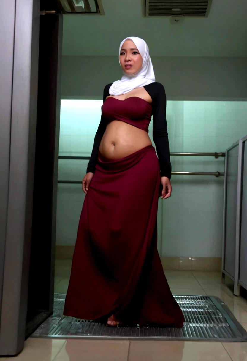 Malaysian woman (age 40, hijab no hair showing, cute face, strapless dress barely covering breasts, enormous breasts, a little fat, giga breasts), embarrassed, walking over a cooling vent, dress blowing up, show her entire body, show all of her