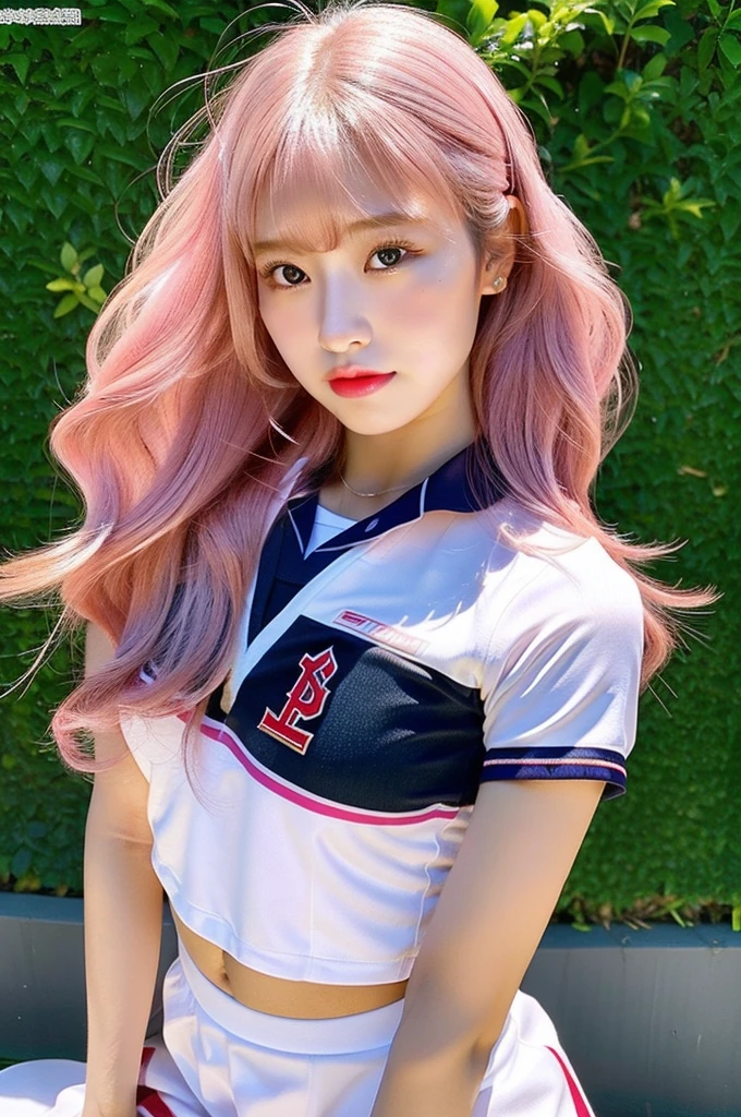 (masterpiece, ultra-detailed, ultra-realistic, best quality, clear focus, photorealistic), solo, 1 woman, (ultra-high resolution, 8k, 16k:1.3), (full body:1.3), (very wide shot), perfect anatomy, perfect face, (detailed face, detailed eye), (18 years old Japanese idol but world famous professional some sports player:1.3), (wearing her team's uniform:1.3), playing her sports, large breasts, slim waist, (very long pink hair), (very beautiful with very cute but cool boyish face), (Bad girl:1), cool girl atmosphere, dynamic angle, acrobatic pose, very slender but very muscular, very broad shoulders, painful expressions,