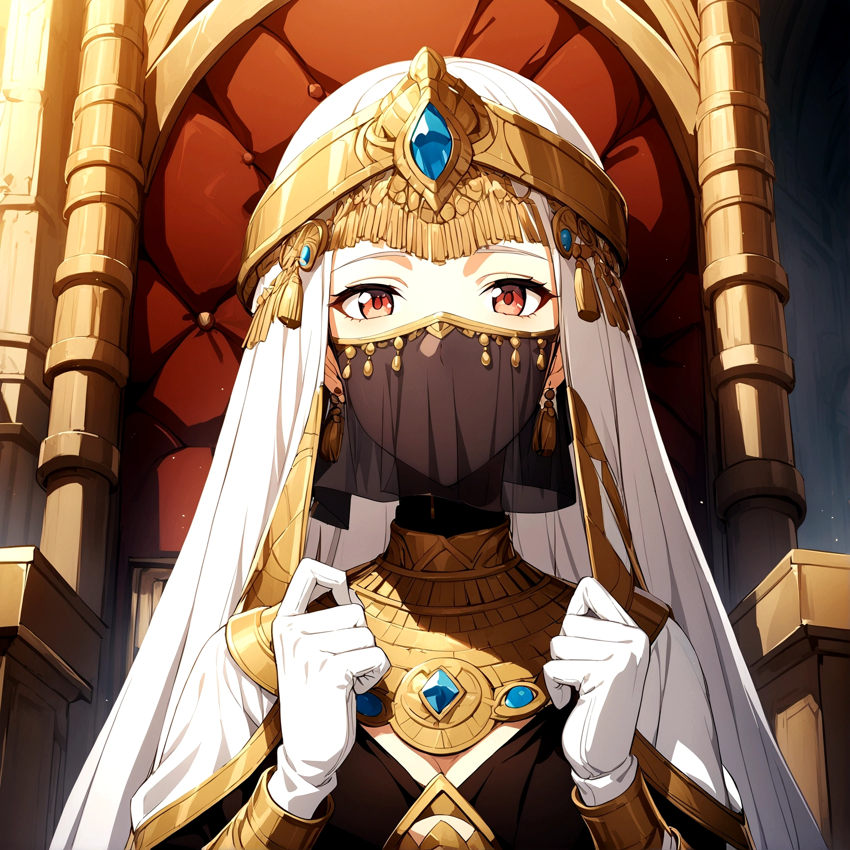 1girl, ancient civilization clothes, white glove, mouth veil, throne background, game cg