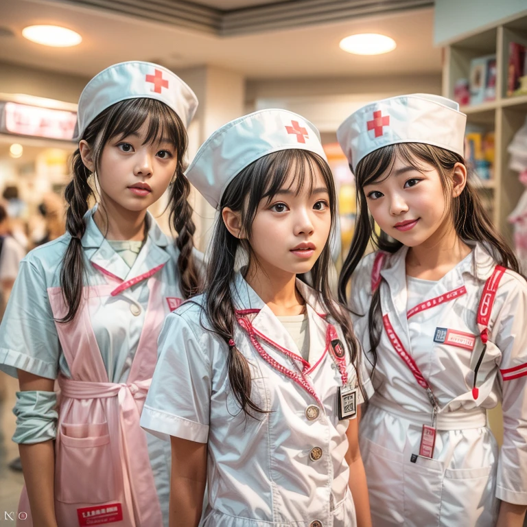 KAWAII girls in Kidzania trying on a Nurse uniform, extremely detailed eyes and face, beautiful detailed lips, longeyelashes, intricate costume details, realistic lighting, (best quality,4k,8k,highres,masterpiece:1.2),ultra-detailed,(realistic,photorealistic,photo-realistic:1.37),professional, bright colors
