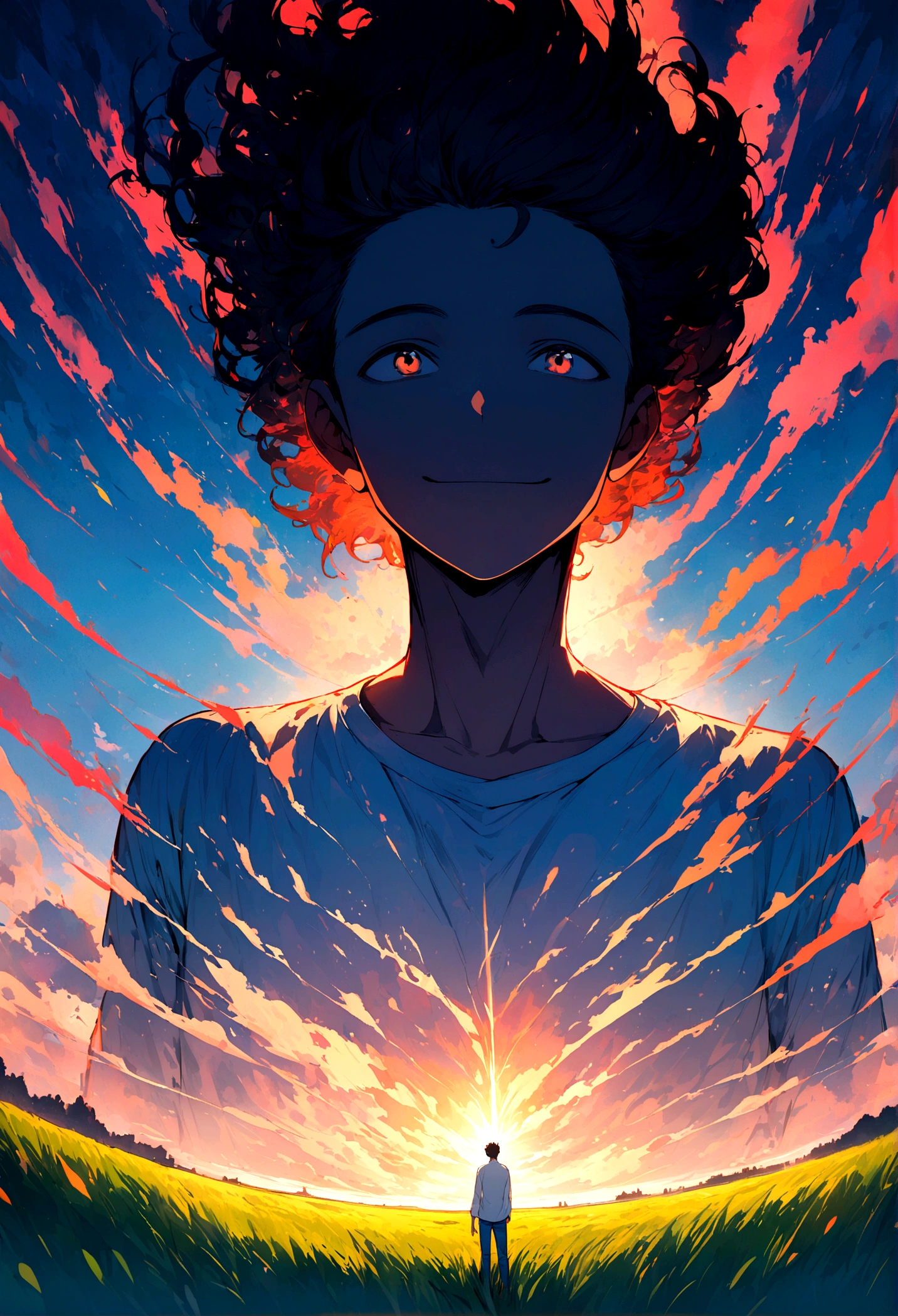 Vast sky, beautiful skyline, large grasslands, extremely tense and dramatic images, moving visual effects, High polarity, colorful natural glare. Front view of a man in a white long-sleeved shirt and jeans, he is smiling