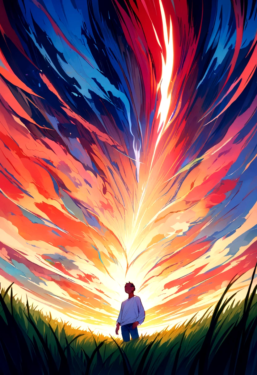 Vast sky, beautiful skyline, large grasslands, extremely tense and dramatic images, moving visual effects, High polarity, colorful natural glare. Front view of a man in a white long-sleeved shirt and jeans, he is smiling