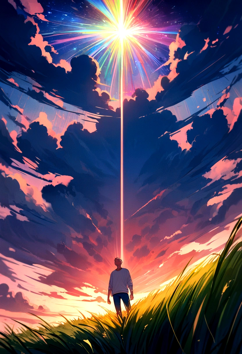 Vast sky, beautiful skyline, large grasslands, extremely tense and dramatic images, moving visual effects, High polarity, colorful natural glare. Front view of a man in a white long-sleeved shirt and jeans, he is smiling