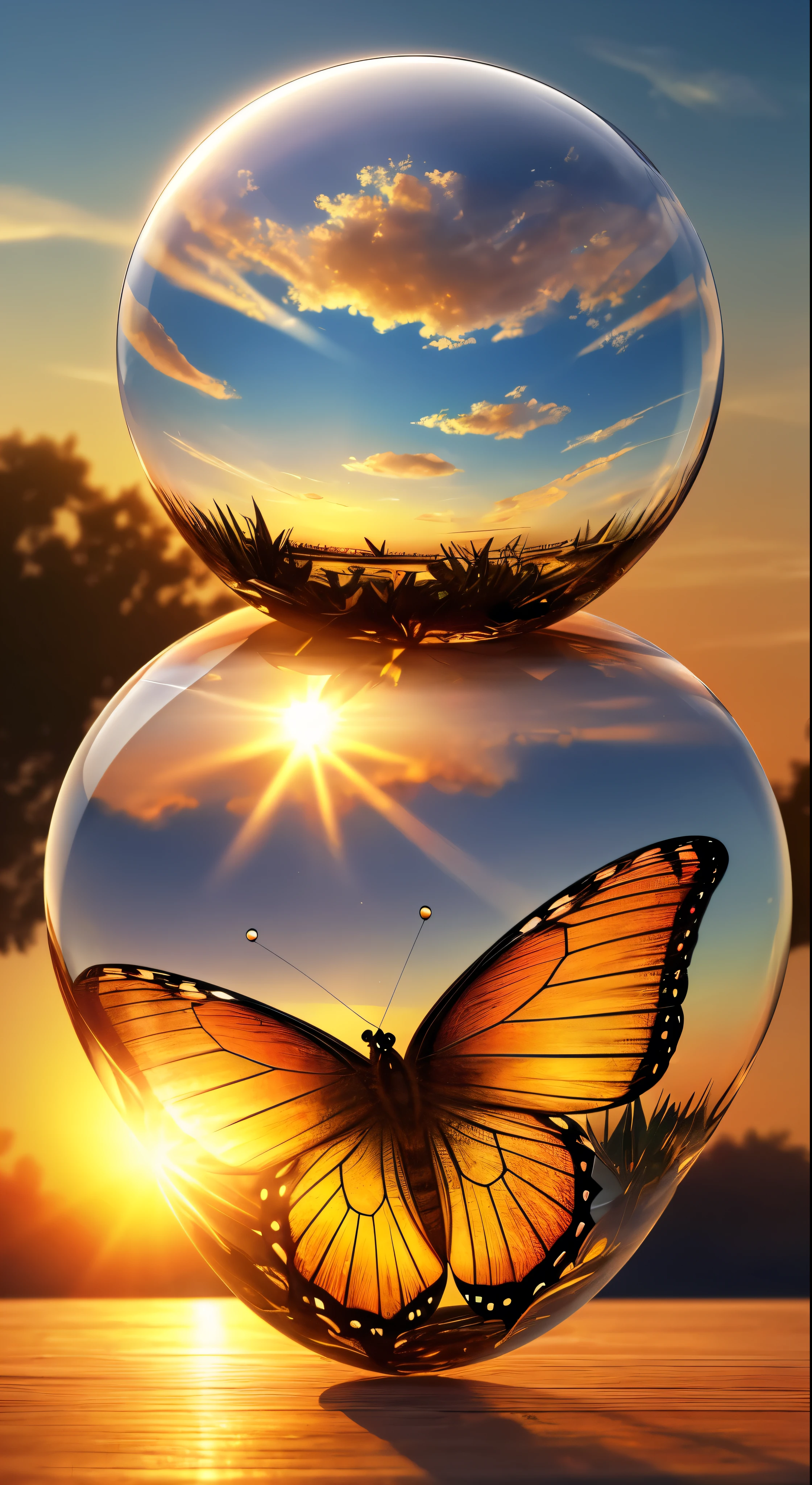 (masterpiece),(Highest quality:1.0)、(Ultra-high resolution)、detail、wood々Glass balls between、Digital Art、CG Society Contest Winner、Butterfly and sun rays、Concept art design illustration、Magnificent Nature