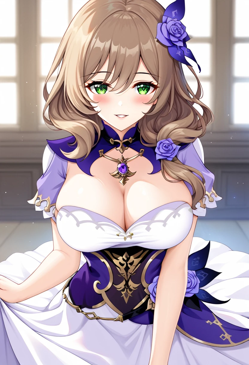 lisa (genshin impact), 1girl, solo, long hair, breasts, looking at viewer, blush, smile, bangs, large breasts, brown hair, hair ornament, dress, hair between eyes, green eyes, flower, short sleeves, parted lips, hair flower, white dress, rose, purple flower