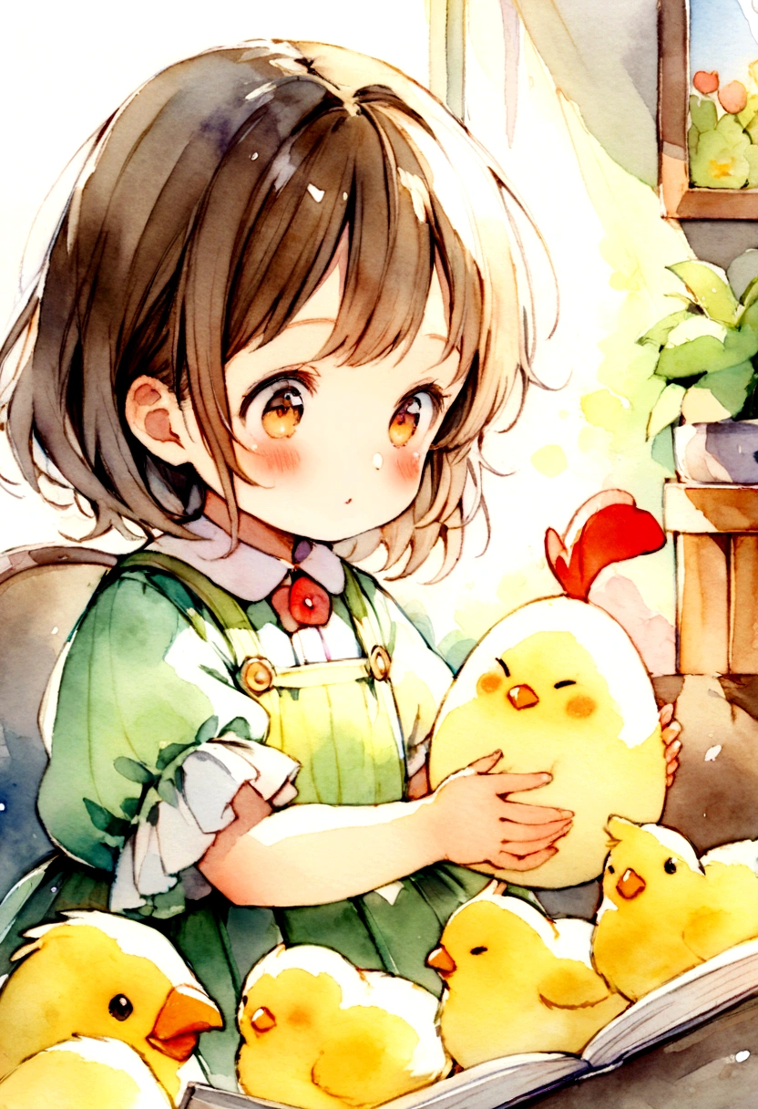 A girl is holding an egg happily. There are chickens and chicks around Picture books Watercolor
