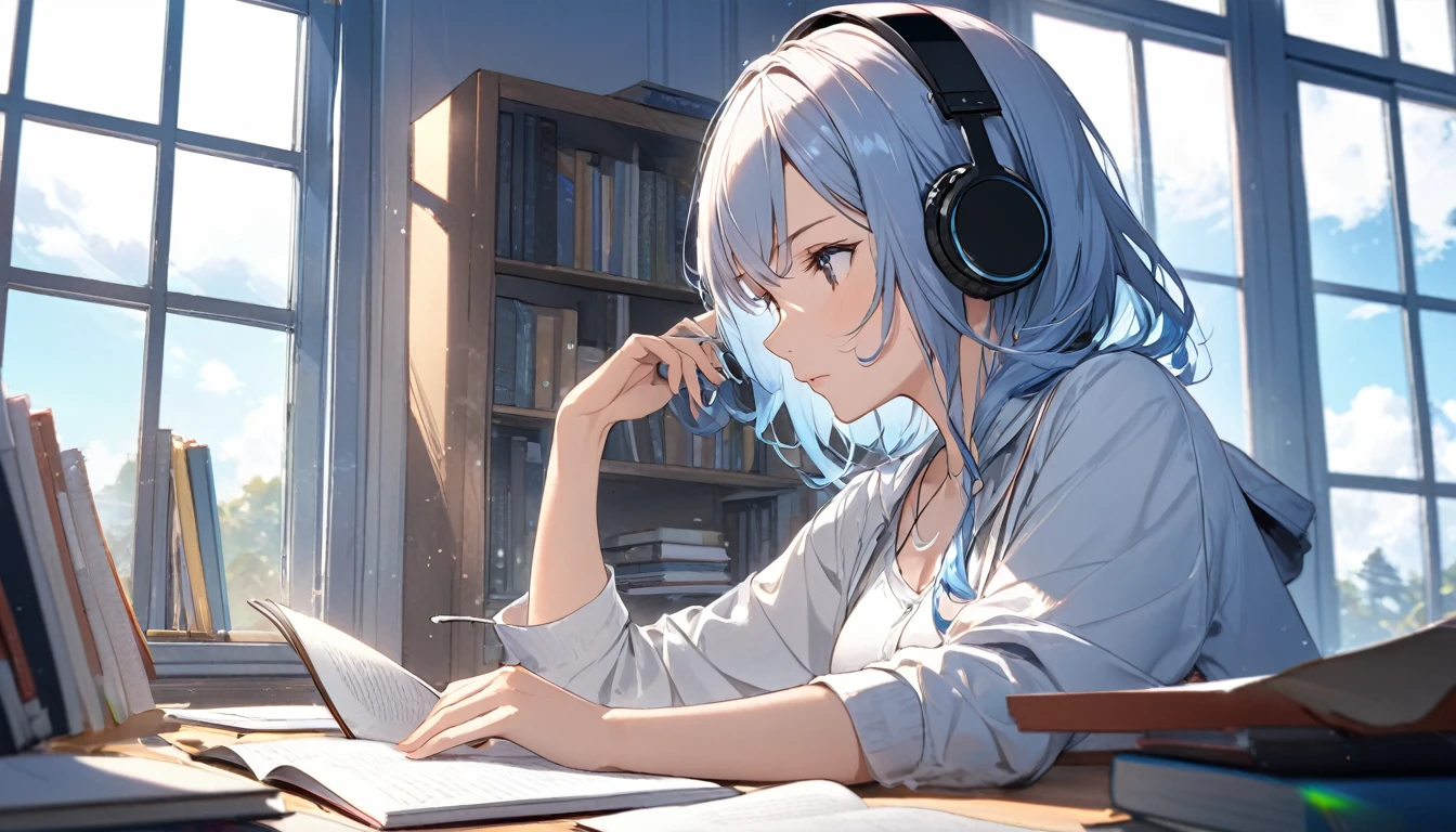 (Highest quality)A woman concentrating on her studies,Put on headphones,In front of a large window,blue sky