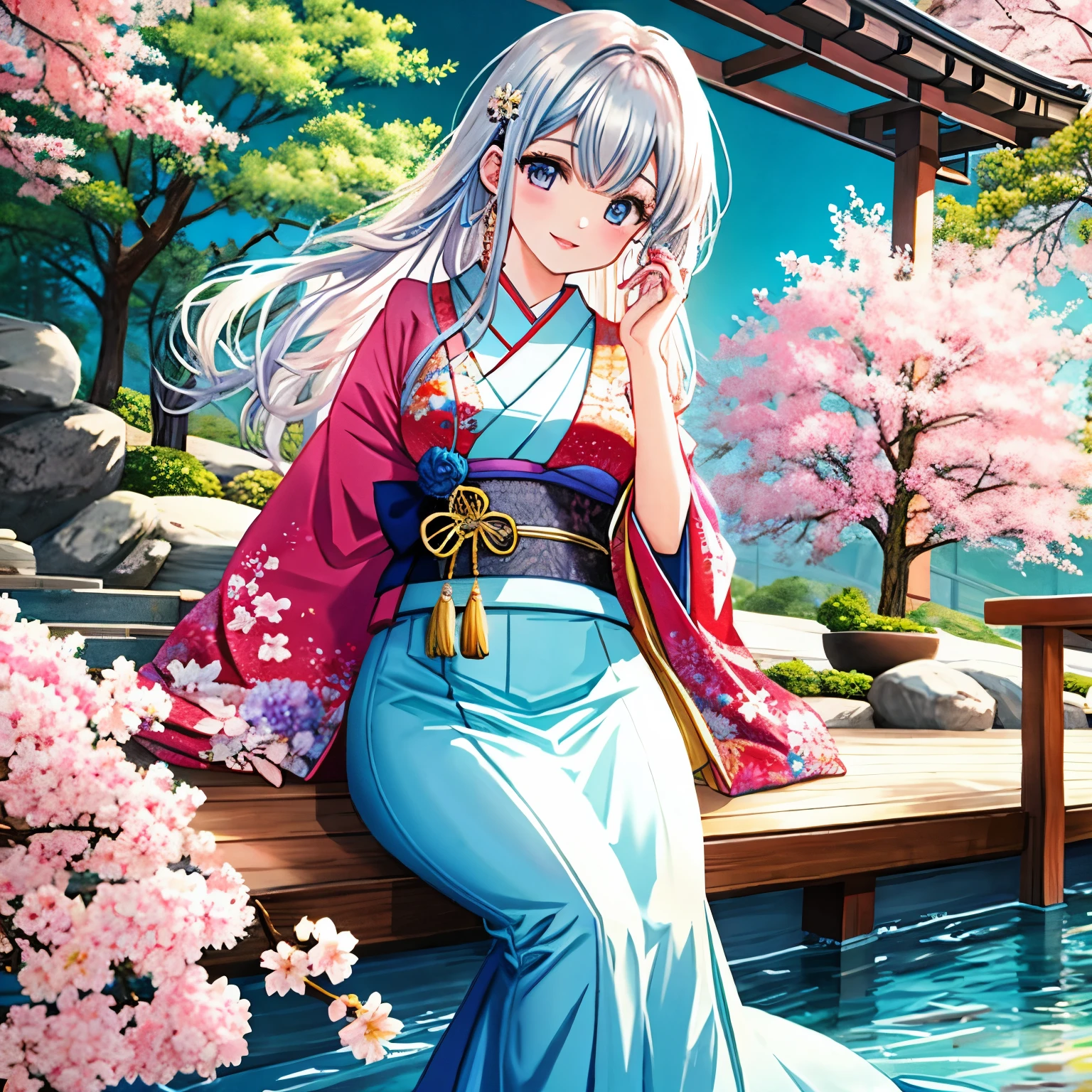 **Illustration Enhancement**: masterpiece, best quality, **ultra-detailed**, **ultra high resolution**, Top Quality photorealistic Illustration, **Ultra Definition**, cute illustration:1.3, high Saturation:1.2, detailed beautiful face and eyes, an extremely delicate and beautiful, nice hands, perfect hands, appropriate posture, appropriate configuration, ideal ratio body proportions
BREAK
**Theme**: Peace-bringing Japanese resident female, character beauty companion, devoted and faithful partner
BREAK
**Number of Characters**: One (ultra-ultimate beautiful)
BREAK
**Facial Details**: Gentle expression, bright eyes, smile
BREAK
**Movement Details**: Relaxed posture, graceful hand movements
BREAK
**Emotions and Expressions**: Sense of happiness, feeling of security
BREAK
**Perspective**: Frontal view with a slightly upward angle
BREAK
**Composition**: Character centered, surrounded by natural elements
BREAK
**Background Details**: Japanese-style garden, tranquil pond, cherry blossoms
BREAK
**Costume Details**: Kimono with light purple and wine red accents, gold dolphin brooch
BREAK
**Body Type**: Cleavage, waistline, feminine curves
BREAK
**Hair Style and Color**: Long black hair, flowing style
BREAK
**Accessories**: Japanese-style fan
BREAK
**Light and Shadow**: Soft sunlight, gently illuminating the character
BREAK
**Color Scheme**: Gold, blue, green, light blue, yellow, silver, deep red, pink, wine red, dark brown, light purple
BREAK
**Illustration Size**: 768x768
BREAK
**Illustration Atmosphere**: Calm and warm
BREAK
**Additional Details**: Character provides a sense of reassurance to the viewer
BREAK
**Worldview**: Modern Japan blended with traditional elements
BREAK
**Style**: Photorealistic yet containing elements of fantasy
BREAK
**Power Words**: Creative innovation, unique visual elements, cultural sensitivity, environmental impact, references to history and mythology, allegorical elements, technical constraints and possibilities, interaction design, sustainab