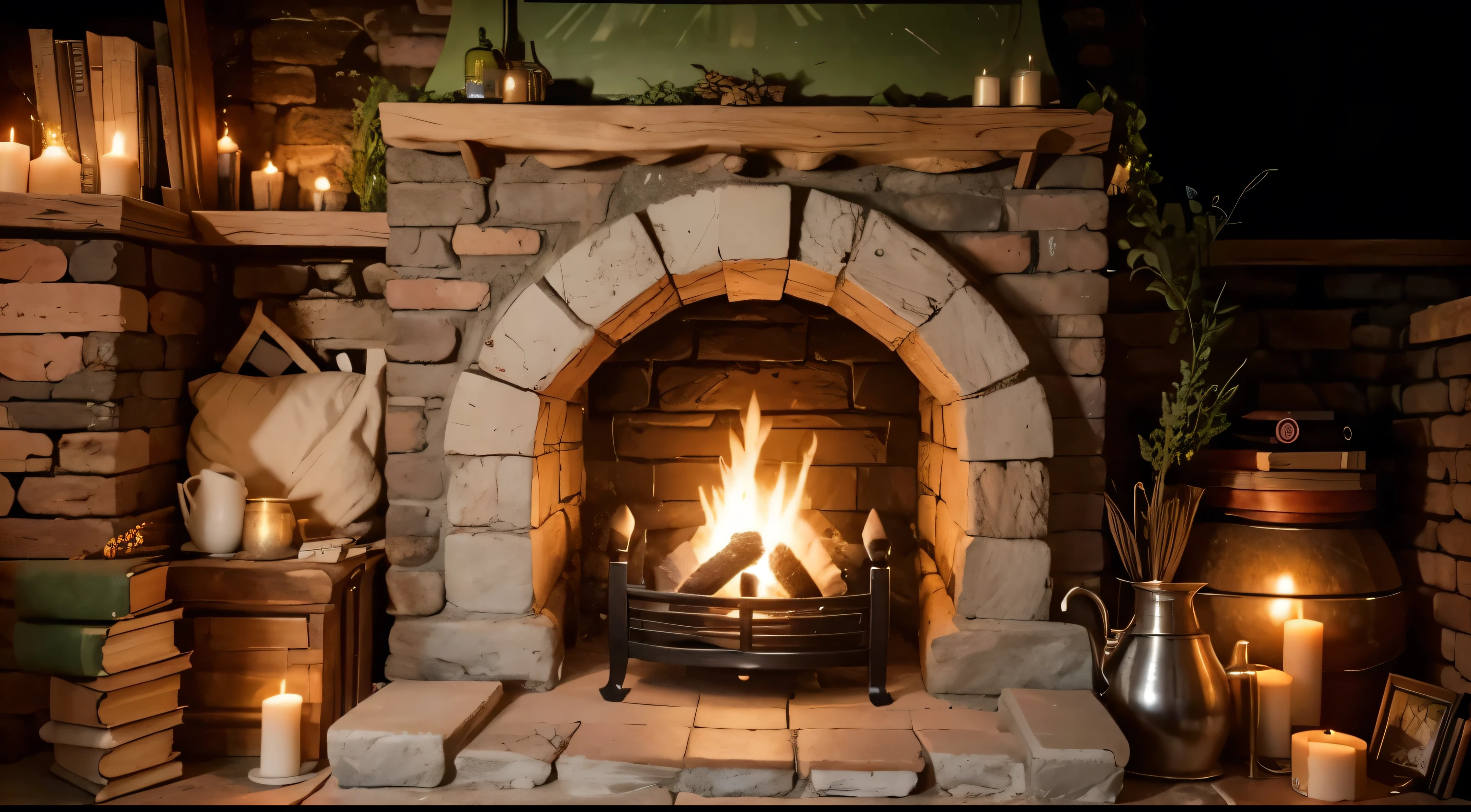 a magical hobbit fireplace, round hole, brick work, full of hobbit objects, magic ambient, cozy, incredible, 3d ambient, cup of tea, books, candles, hobbit middle-earth, the shire