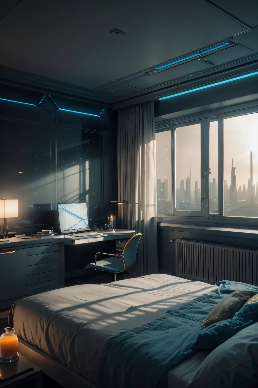a beautiful sci-fi matte painting for bedroom by John Harris, Sparth e Greg Rutkowski. Sharp edges, Tiffany azul, gray orange, white and gold. Science fiction room on a space base, Outside the windows a future city skyline, Efeito de Luz. ultra clear detailed, 3 d, octane rendering. 8K