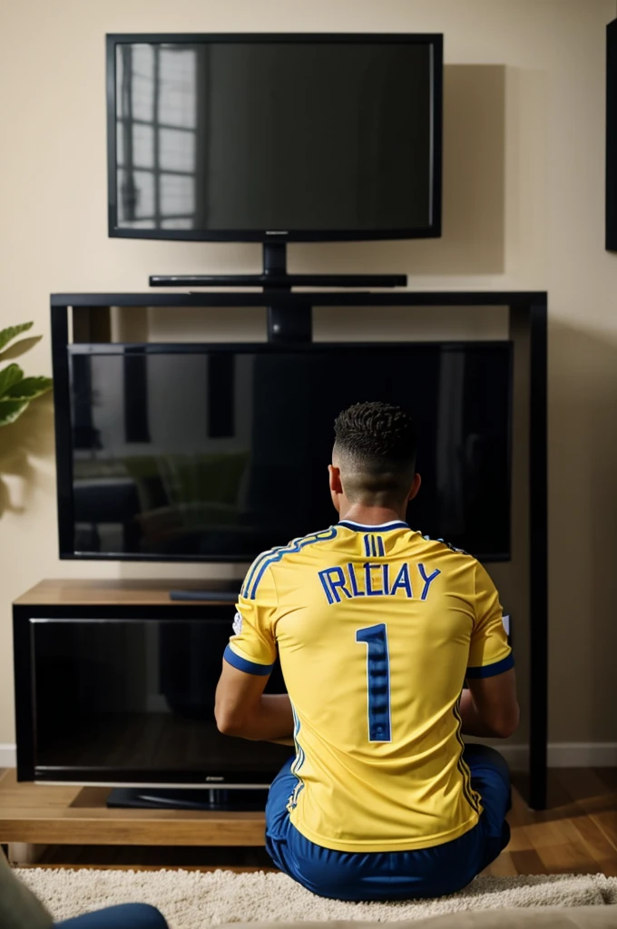 Man in front of the television watching a Colombia national team match, turning his back and you can see his name on his back, his name is FREDY