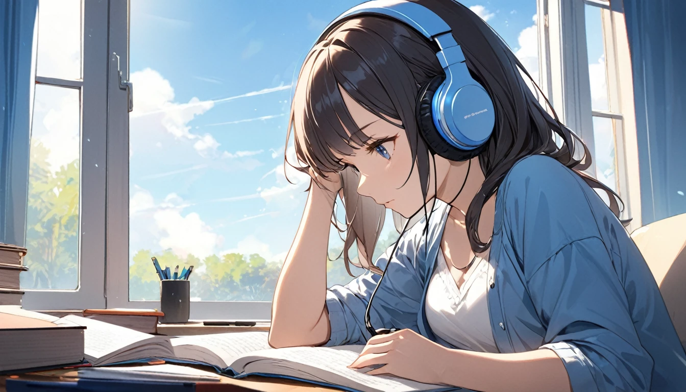 (Highest quality)A woman concentrating on her studies,Put on headphones,In front of a large window,blue sky