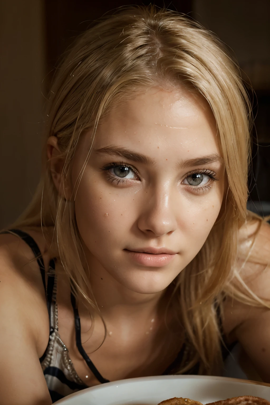 blond woman sitting at a table,19-year-old girl, remarkable detailed pupils, realistic dull skin noise, skin fuzz, dry skin, (goosebumps:0.5),facial skin fuzz,Ultra High Definition Face, Ultra High Definition Eyes, Ultra High Definition Skin, detailed skin pores, complex eye details, Not perfect skin, intricate hair, real detailed skin texture