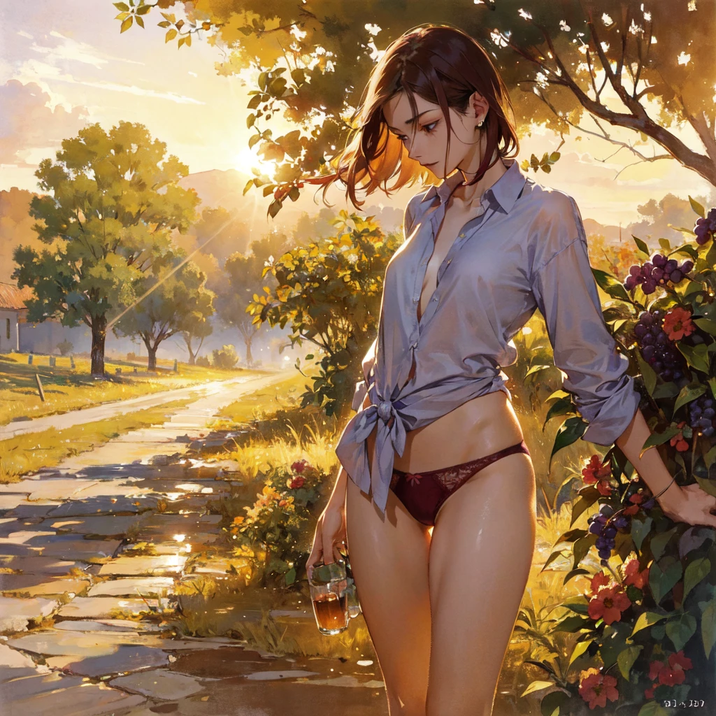 Exquisite, slender, delicate girl of with a perfect gentle face of the southern type (with short dark burgundy hair) with freckles (with ruby earring) in the rays of the rising sun, naked with tender bare breasts with pink swollen nipples ((barefoot)) ((in an unbuttoned open burgundy shirt over a naked body and in small burgundy panties)) (on the veranda in the garden) Drinks (coffee) and looks at the flowers, in watercolor style, discreet light shades, Flares, (imitation of film photography), against the sun, a lot of sun glare, light fills the frame, olive and grape groves, strong wind, Brick Road, high image quality, Maximum detail, sunset lighting, Warm evening shades, (warm golden and olive sunset light), big space eyes, olive and grape groves, Brick Road