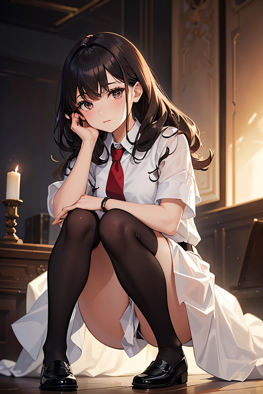 young girl, with a youthful charm, , in a white dress shirt, red tie neatly knotted, black skirt reaching her knees, paired with black long socks and black shoes, lacing up neatly, hair extending past her shoulders, starting straight and transitioning into soft curls at the ends, enchanting brown eyes, and dark brown tresses. Ultra-detailed, masterpiece quality, 8K, HDR, studio lighting, ultra-fine painting, sharp focus, physically-based rendering, vivid colors, bokeh, realistic.